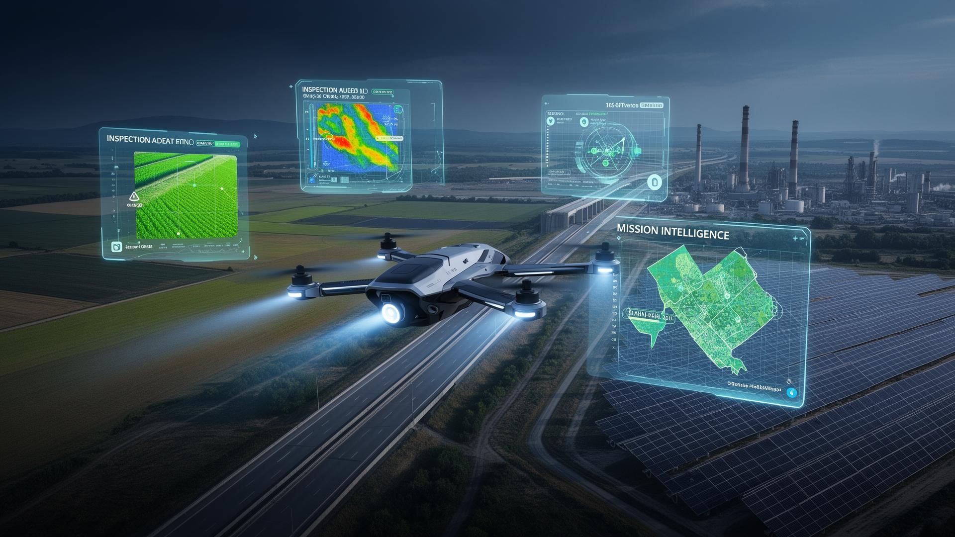 TorqWings drone with AI overlays across agriculture, infrastructure and solar terrain
